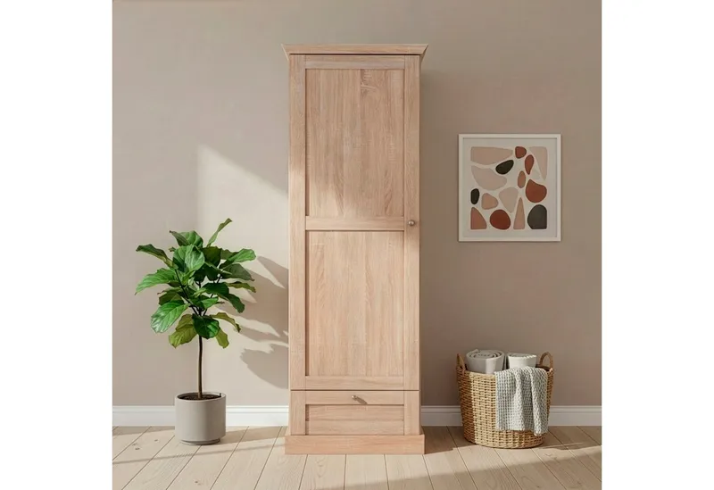 OTTO home Garderobenschrank Binz Flurschrank mit 1 Tür, 1 Schublade und ausziehbare Kleiderstange 1 verstellbarer Einlegebode, Metallknopfgriffe, Höhe 180 cm, Beige, – Produktbild 1 von 5