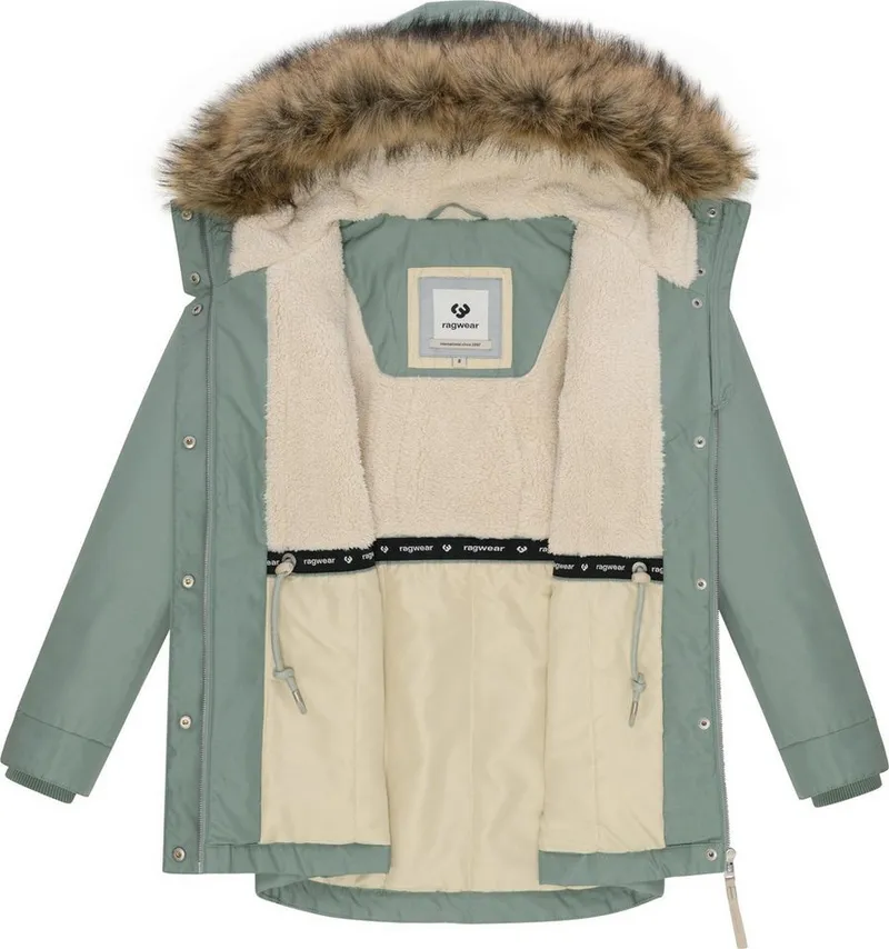 ragwear ragwear Winterjacke Tawny Short YOUMODO Warme Jacke mit großer Kapuze und Kunstfellkragen, Grau|grün, – Produktbild 1 von 4