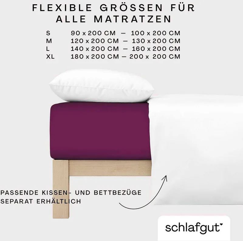 Schlafgut Schlafgut Spannbettlaken CASUAL Bettlaken 100% gekämmte Bio-Baumwolle, 150 g/m², Spannbetttuch, Jersey, Gummizug: rundum, (1 Stück), Bettlaken bis 25 cm Höhe, langlebig, weich, Antipilling-Ausrüstung, Lila, – Produktbild 1 von 5