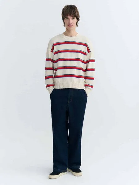 thinking mu thinking mu Herren Pullover - Beto Knitted Sweater, Ecru stripes, – Produktbild 2 von 3