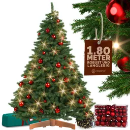 Casaria® Künstlicher Weihnachtsbaum Premium 180cm + Kugeln Rot + Lichterkette warmweiß – Produktbild 1 von 1