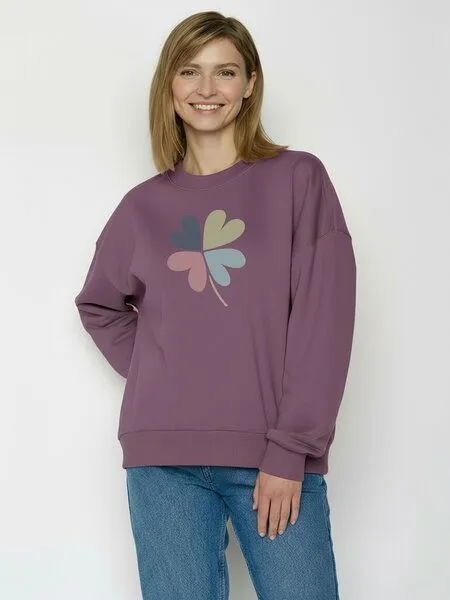 GreenBomb GREENBOMB Clover Core - Lässiges Sweatshirt aus Bio-Baumwolle / hochwertiger Print / GOTS / Fair & Vegan, Lila (moorberry), – Produktbild 1 von 4