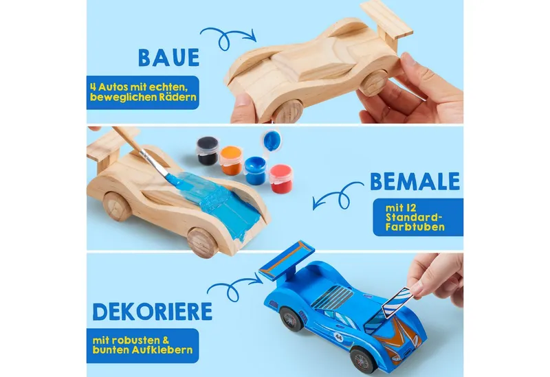 Klever Kits Bastelscheren Klever Kits 4 Stück Holz Auto Bastelset Kinder, (1-tlg) – Produktbild 4 von 5