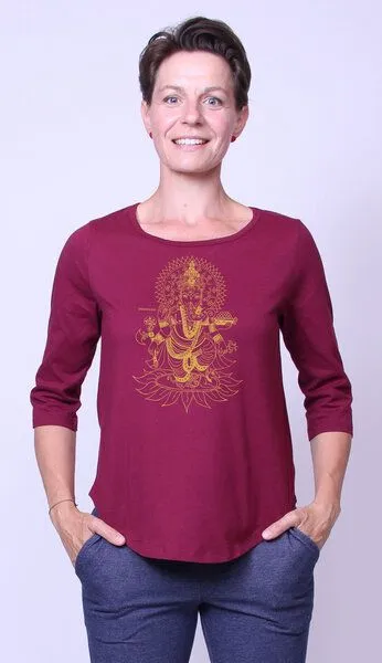 Peaces.bio - handbedruckte Biomode Peaces.bio - handbedruckte Biomode Bio-Damen-3/4 Arm Shirt Ganesha, Bordeaux, – Produktbild 2 von 2