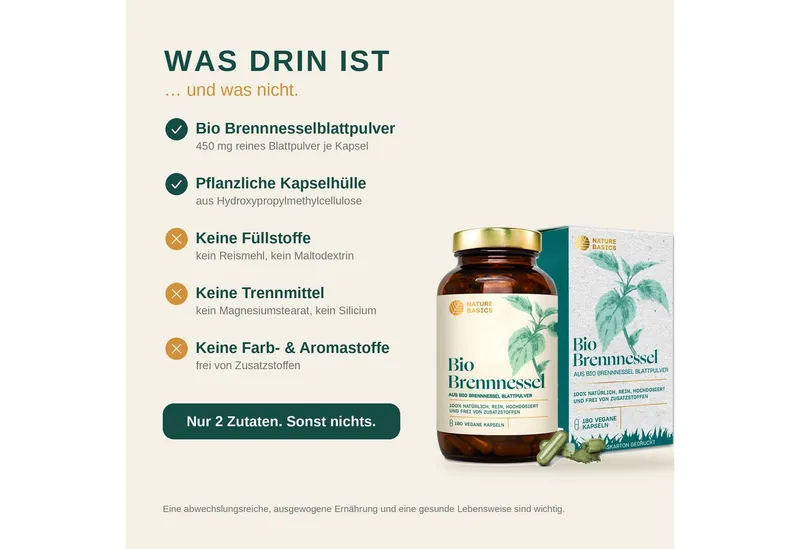 Nature Basics Hochwertiges Bio Brennnessel Vegan im Braunglas 180 Kapseln, 180 St., 103 g – Produktbild 5 von 5