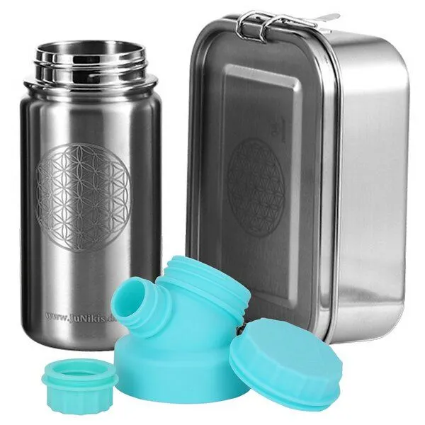 JN JuNiki's JN JuNiki's Einschulungs-Set "Blume des Lebens": Lunchbox + isolierte Edelstahltrinkflasche, Türkis, – Produktbild 1 von 4