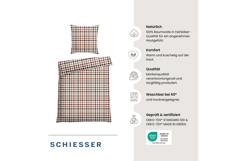 Schiesser Schiesser Bettwäsche James aus weichem Baumwoll-Feinbiber mit traditionellen Karos, Feinbiber, 2 teilig, OEKO-TEX® MADE IN GREEN, Blau|braun, – Produktbild 1 von 5