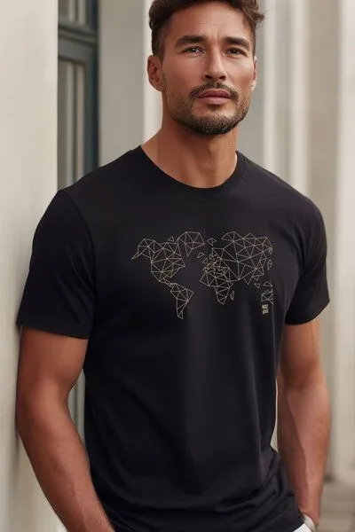 Kultgut Kultgut T-Shirt mit Motiv / Worldmap, Schwarz, – Produktbild 2 von 3