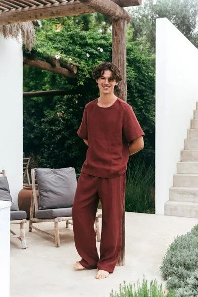 AmourLinen AmourLinen Leinen pyjama set LEO, Terrakotta, – Produktbild 1 von 3