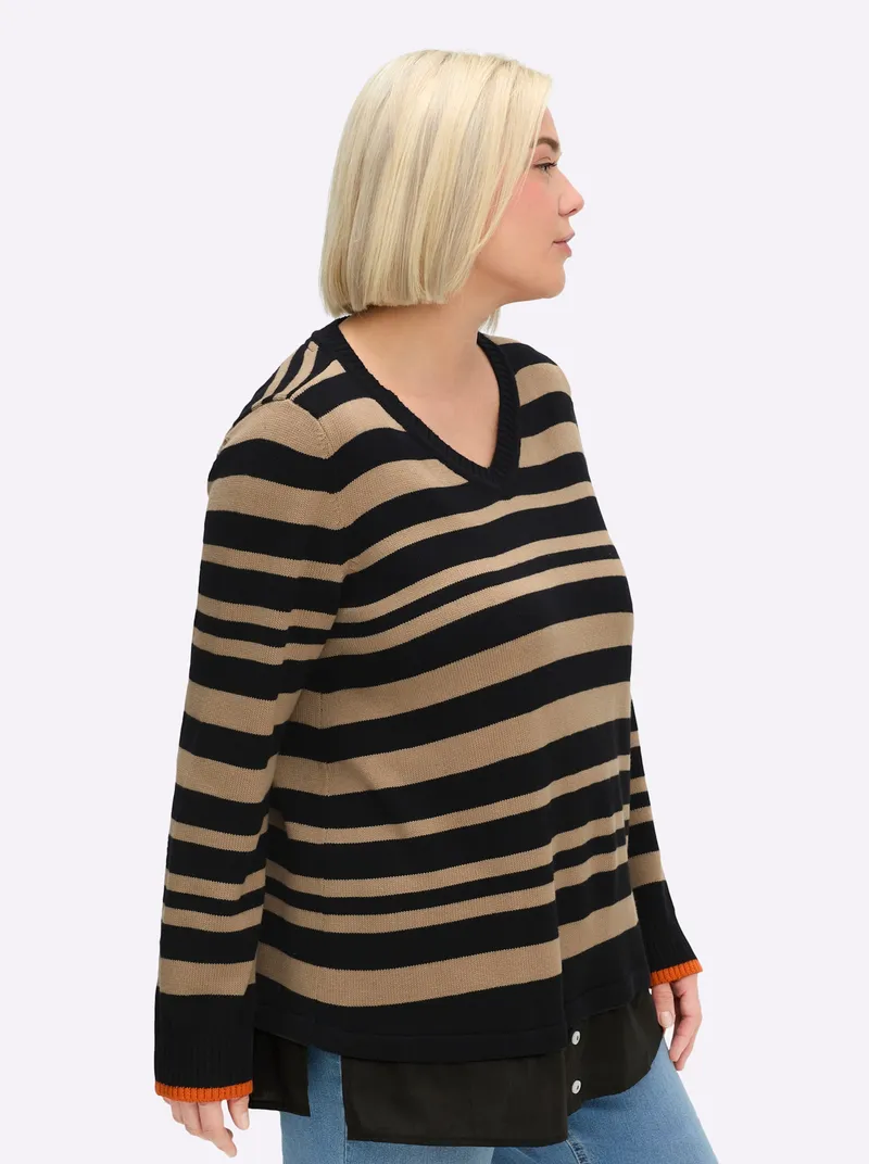 sheego V-Ausschnitt-Pullover schwarz-beige-gestreift, Schwarz-beige-gestreift, – Produktbild 2 von 2