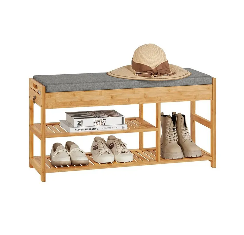 SoBuy Sitzbank FSR47, Schuhbank mit Sitzfläche Garderobenbank Schuhregal Sitzbank Bambus, Beige, – Produktbild 3 von 8