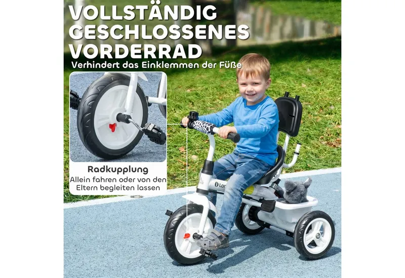 HOMCOM HOMCOM 6-in-1 Dreirad mit Schubstange, Kinderdreirad mit Sonnendach, Korb, Weiß, – Produktbild 5 von 6