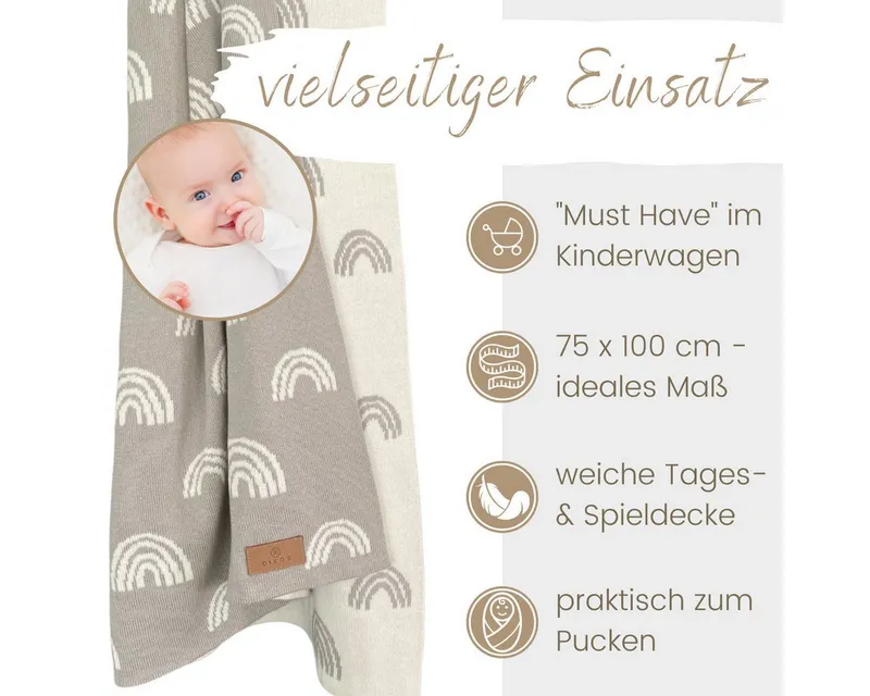 Babydecke DIKOS® aus Bio-Baumwolle - Regenbögen - Baby Decke für Neugeborene, DIKOS, Geschenk zur Geburt - Strickdecke PREMIUM Qualität - atmungsaktiv, Grau, – Produktbild 5 von 5