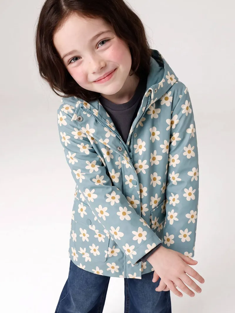 Vertbaudet Vertbaudet Mädchen Regenjacke mit Taschen blumen, Aqua blumen, – Produktbild 1 von 4