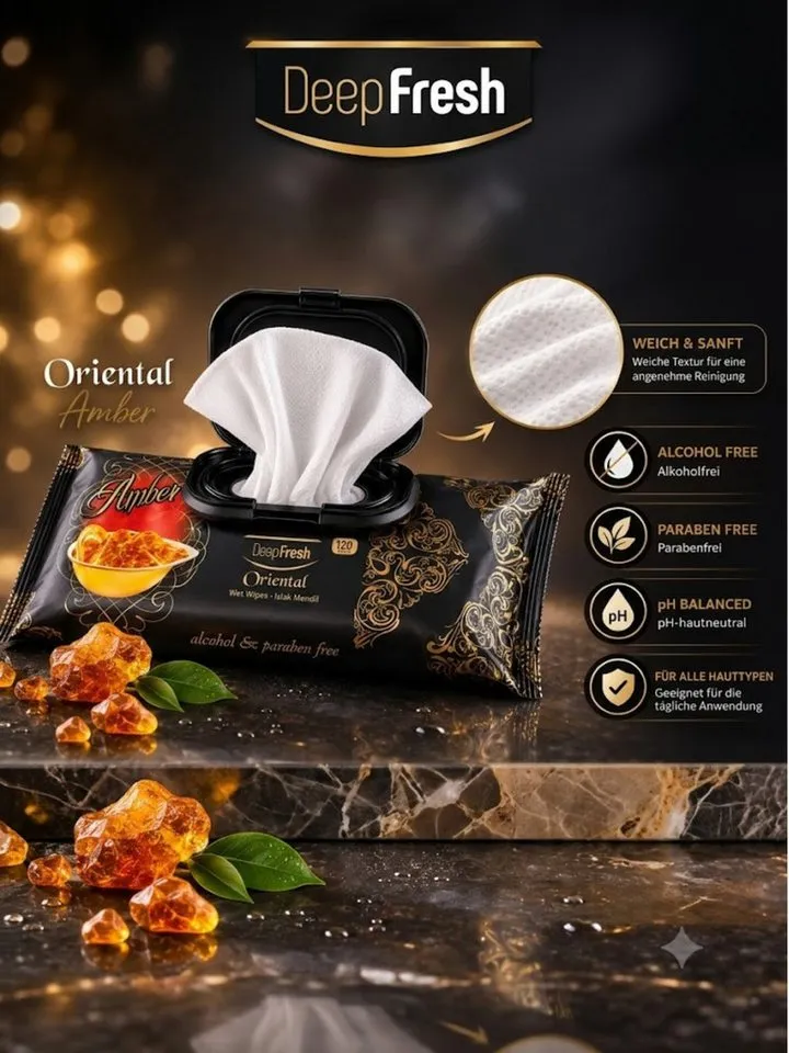 Deep Fresh 120 Tücher mit Klappdeckel, pH-hautneutral, alkoholfrei Reinigungstücher (Amber, 1-tlg., 1 Packung mit 120 Reinigungstüchern, Alkoholfrei pH-hautneutral Vegan Animal Test Free GMP-zertifiziert), Weiß, – Produktbild 2 von 3
