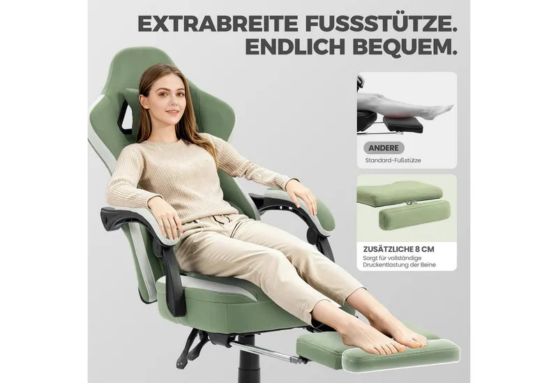 Dowinx Gaming-Stuhl Stoff mit Taschenfederkissen, Gaming Sessel mit Fußstütze, Ergonomischer Bürostuhl, Grün, – Produktbild 5 von 5