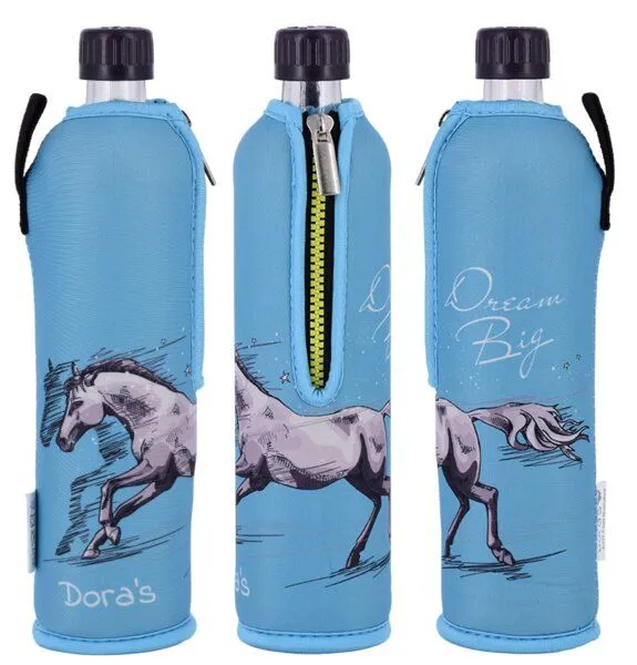 Dora's Dora's Dora’s Glas-Trinkflasche mit Motiv-Neoprenhülle (0,5l) – Isoliert & Stylisch, Pferde, – Produktbild 3 von 3