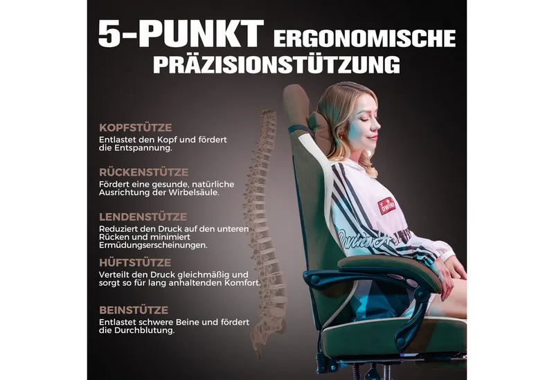 GTPLAYER Gaming-Stuhl Ergonomischer Gaming Sessel Schreibtischstuhl aus Stoff/Kunstleder (Packung), Federsitzkissen mit Fußstütze, Braun, – Produktbild 5 von 5