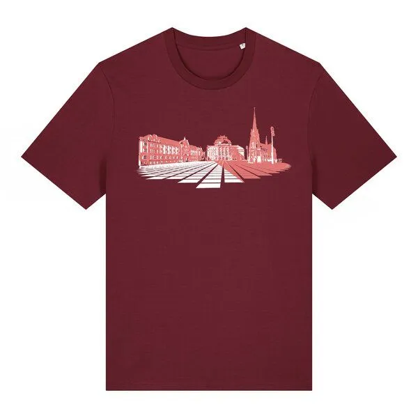 Spangeltangel Spangeltangel bedrucktes T-Shirt, Chemnitz, nachhaltig, Stadt, Herren, Damen, Unisex, Biobaumwolle, Weinrot, – Produktbild 1 von 3