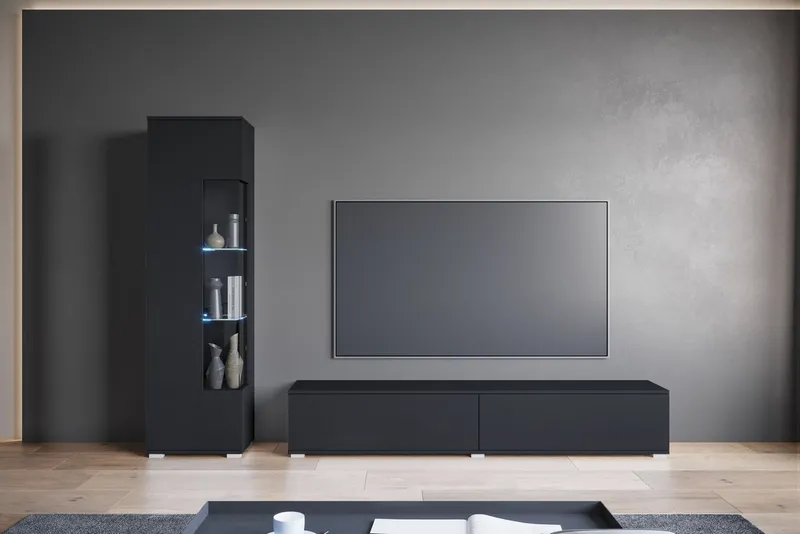 OTTO home Wohnwand Kenia, Vitrine Türanschlag links/rechts wechselbar, (Komplett-Set, 2-St), Vitrine mit Eckverglasung, hängend und stehend montierbar, Schwarz, – Produktbild 5 von 5