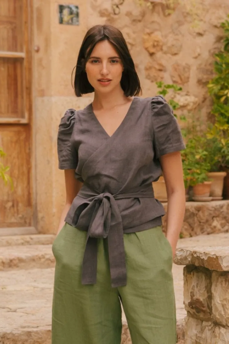 AmourLinen AmourLinen Damen vegan Wickeltop Elisa Holzkohle, Dunkelgrau, – Produktbild 2 von 2