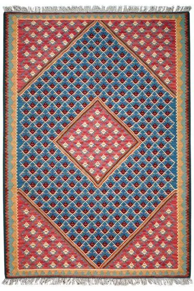 Rugtales Kelim Senneh Blau „Rugtales“ aus Schurwolle, 105x150 cm, Blau, – Produktbild 2 von 4