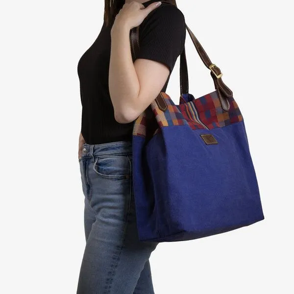 Dragolina Dragolina Shopper Miss Eve mit Webstoff der Pwo Karen, Azurblau karo (blau), – Produktbild 1 von 4