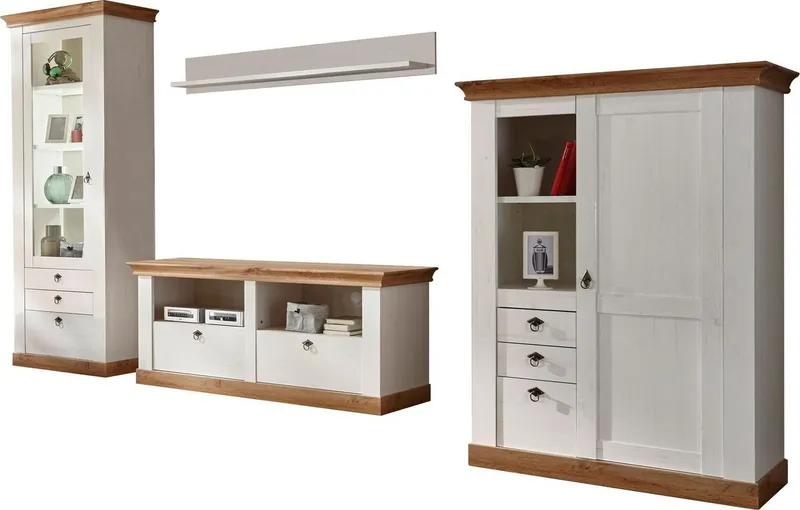 Home affaire Wohnwand Cremona, Anbauwand im Landhausstil, Komplettset, Wohnzimmer-Set, enthält Vitrine, Lowboard, Stauraumelement und Wandboard, 356 cm breit, Weiß, – Produktbild 2 von 5