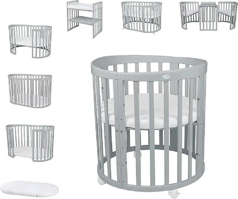 Waldin Waldin Babybett Oval 7in1 mitwachsend, Beistellbett, Matratze, Rollen, Grau, – Produktbild 2 von 5