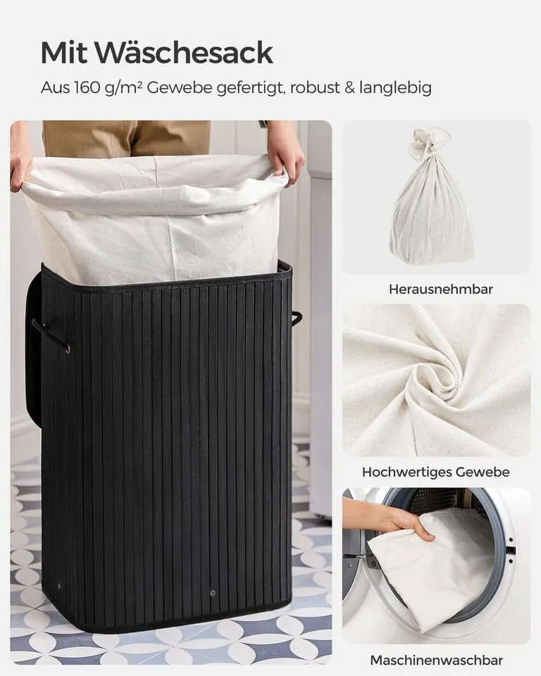 SONGMICS SONGMICS Wäschekorb mit Deckel, Wäschesammler aus Bambus, faltbar, für Waschküche, 72 Liter, Wäschesack herausnehmbar und maschinenwaschbar, 40x30x61 cm, Schwarz, – Produktbild 4 von 5