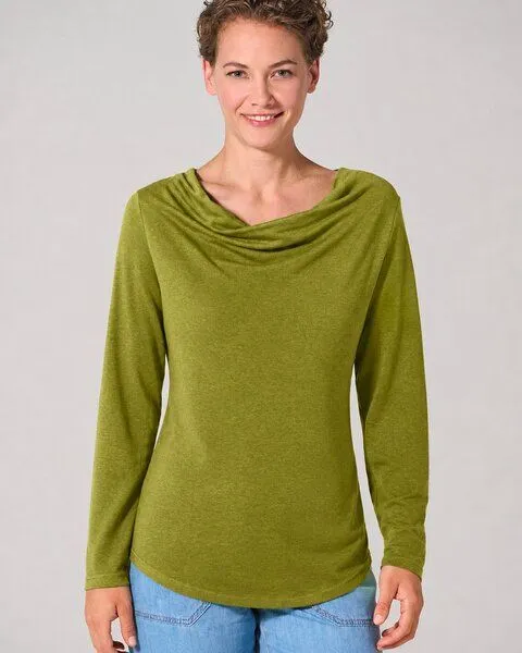 HempAge HempAge Langarmshirt mit Wasserfallkragen Hanf/Lyocell, Pasture (grün), – Produktbild 1 von 4