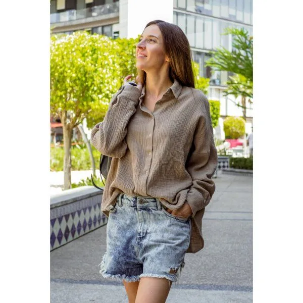 Hutch&Putch Hutch&Putch Musselin Oversize Bluse - Klassische Bluse - Langarmbluse aus 100% Bio-Baumwolle, Taupe, – Produktbild 1 von 1