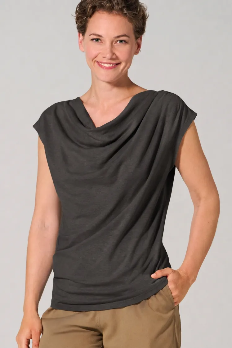 HempAge Hempage Damen vegan Top Mit Wasserfall Ausschnitt Schwarz, Schwarz, – Produktbild 2 von 2