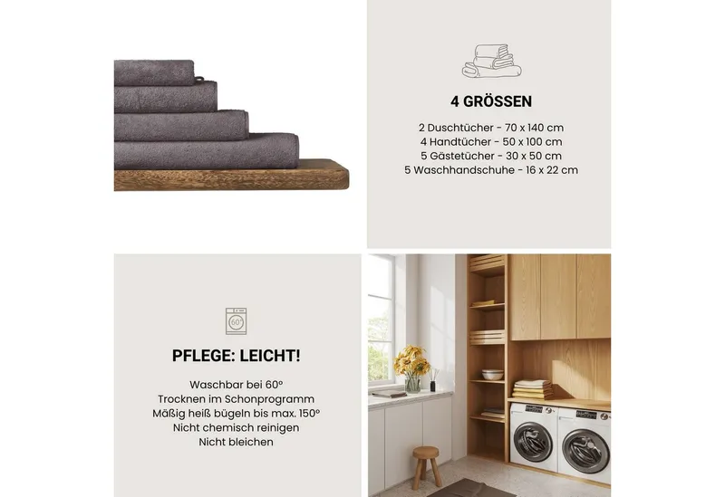 Schiesser Schiesser Gästehandtücher Milano aus 100% Baumwolle mit eleganter Bordüre in Hoch-Tief-Optik, Frottier (Set, 5-St), OEKO-TEX® MADE IN GREEN, Grau, – Produktbild 5 von 5