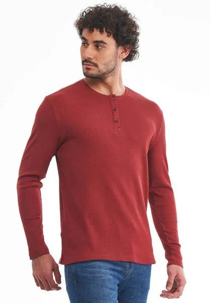 ORGANICATION ORGANICATION Geripptes Henley Langarmshirt aus Bio-Baumwolle, Merlot, – Produktbild 3 von 4