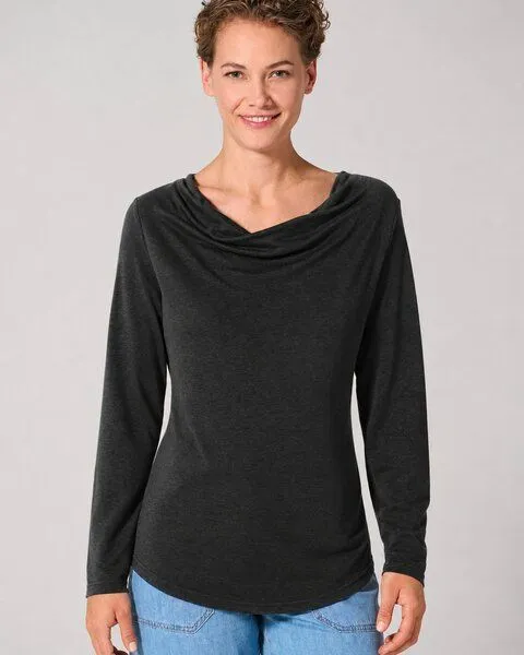 HempAge HempAge Langarmshirt mit Wasserfallkragen Hanf/Lyocell, Black (schwarz), – Produktbild 1 von 4