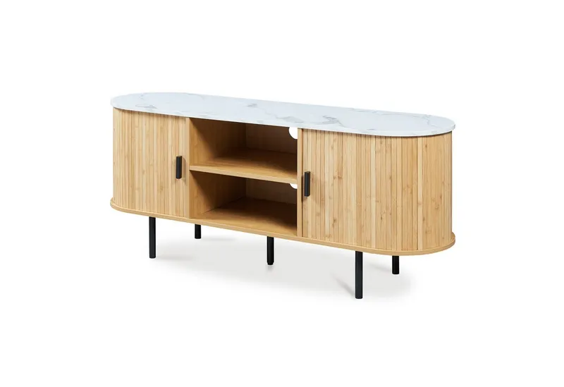en.casa TV-Schrank »Tvedestrand« mit 2 Türen 140 x 40 x 55 cm Marmorweiß/Natur, Weiß, – Produktbild 3 von 4