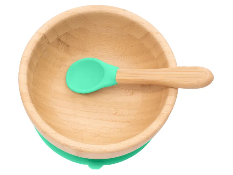 Bambuskind Bambuskind Kindergeschirr Schüssel mit Löffel und Saugnapf, aus Bambus Durchmesser 14 cm, 4,5 cm tief, Natur, grün, – Produktbild 2 von 2