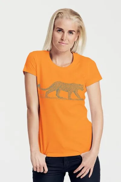 Peaces.bio - handbedruckte Biomode Peaces.bio - handbedruckte Biomode Bio-Damen-T-Shirt "Leopard", Hellorange, – Produktbild 1 von 1