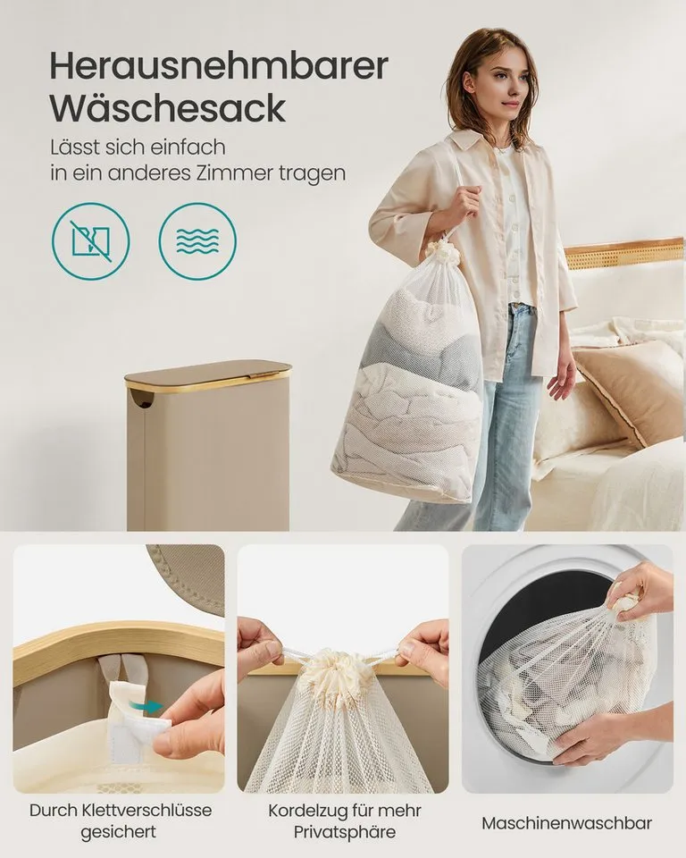 SONGMICS SONGMICS Wäschekorb mit Deckel, herausnehmbarer Einsatz, Bambus‑Rahmen, Oxford‑Gewebe, 65 L, 42 x 22,5 x 70,5 cm, mit Deckel, platzsparend, Griffe aus Bambus, Braun, – Produktbild 5 von 5