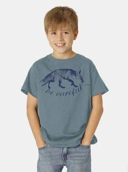 Peaces.bio - handbedruckte Biomode Peaces.bio - handbedruckte Biomode Bio-Kinder T-Shirt Be Careful, Blaugrün, – Produktbild 2 von 2