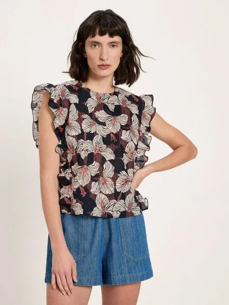 LANIUS LANIUS Blusenshirt mit Volant (GOTS) aus Bio-Baumwolle, Print bloom onyx, – Produktbild 2 von 4