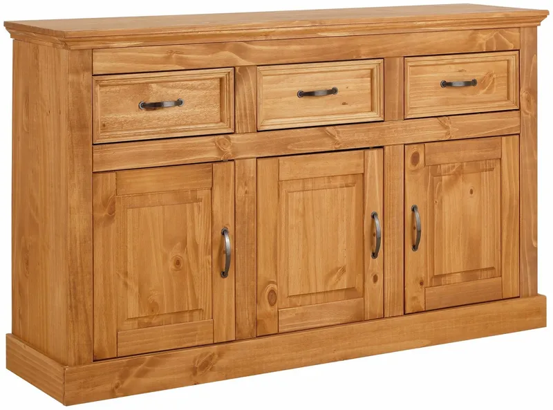 OTTO home Sideboard Selma Kommode mit 3 Türen, 3 Schubläden und 6 Fächer, Metallgriffe, aus massivem Kiefernholz, 3 Einlegeböden, mit dekorativer Fräsung, Beige, – Produktbild 1 von 5