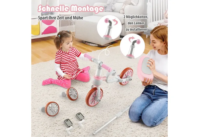 COSTWAY Costway 4 in 1 Kinder Dreirad & Laufrad & Balance Bike & Schiebeauto mit verstellbarem Schiebegriff – Produktbild 6 von 6