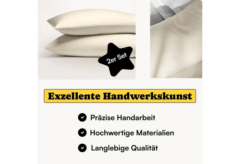Seralino Kissenbezüge Mako Satin Kissenbezug (100% Bio Baumwolle) weich, hautfreundlich, (2 Stück), Fairtrade/ GOTS zertifizierte uni Kissenhülle mit Reißverschluss, Beige, – Produktbild 2 von 5