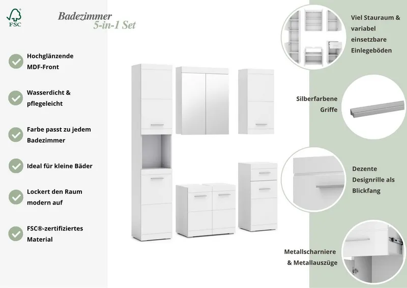 OTTO home Badmöbel-Set Föhr, (Set, 5-St), mit eleganten Hochglanzfronten, FSC® zertifiziert, Weiß, – Produktbild 1 von 5