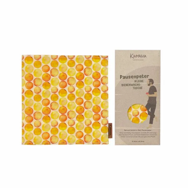 Kumanu - von Natur aus gut Kumanu - von Natur aus gut Bienenwachs-Snacktasche "Pausenpeter" | 22x20cm | aus Bio-Bienenwachstuch, Gelbe kreise, – Produktbild 1 von 4