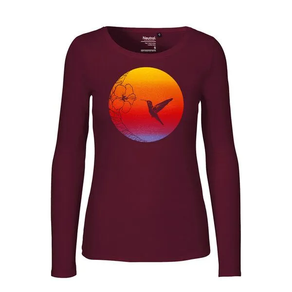 HANDGEDRUCKT HANDGEDRUCKT "Kolibri" Frauen Longsleeve aus reiner Biobaumwolle (kbA), Bordeaux, – Produktbild 1 von 3