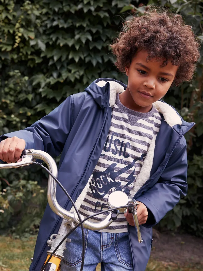 Vertbaudet Jungen Regenjacke mit Kapuze & Teddyfleece-Futter, Nachtblau, – Produktbild 1 von 4