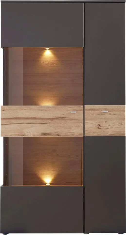 FORTE Vitrine Como Highboard, LED Beleuchtung Einlegeböden, Glastüre, Soft Close, Grau, – Produktbild 2 von 8